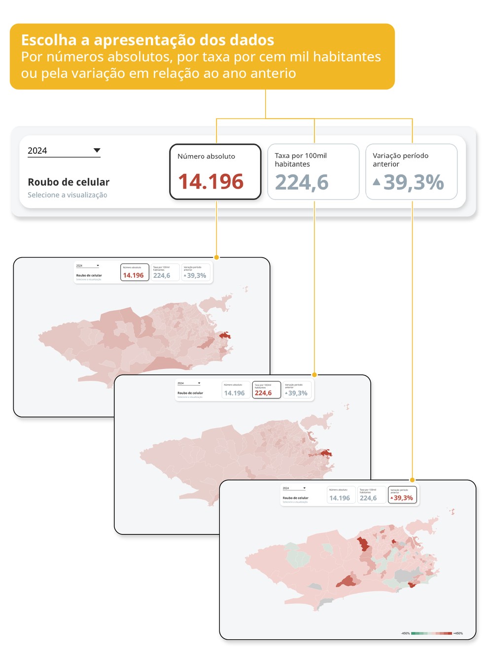 Mapa do Crime: Cada opção gera um mapa com gradação de cores — Foto: Editoria de Arte