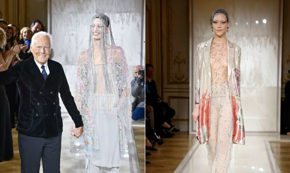 A modelo Kátia André de mãos dadas com Giorgio Armani, e Ágatha Borges — Foto: Estrop/Getty Images