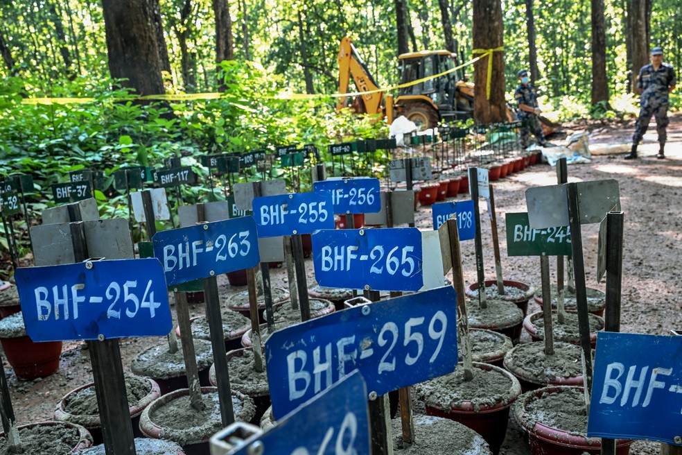 Placas de a&ccedil;o com n&uacute;meros de identifica&ccedil;&atilde;o em local de enterro em massa na regi&atilde;o florestal de Devghat, em Bharatpur, no Nepal, em 30 de agosto de 2026 &mdash; Foto: Atul Loke/The New York Times