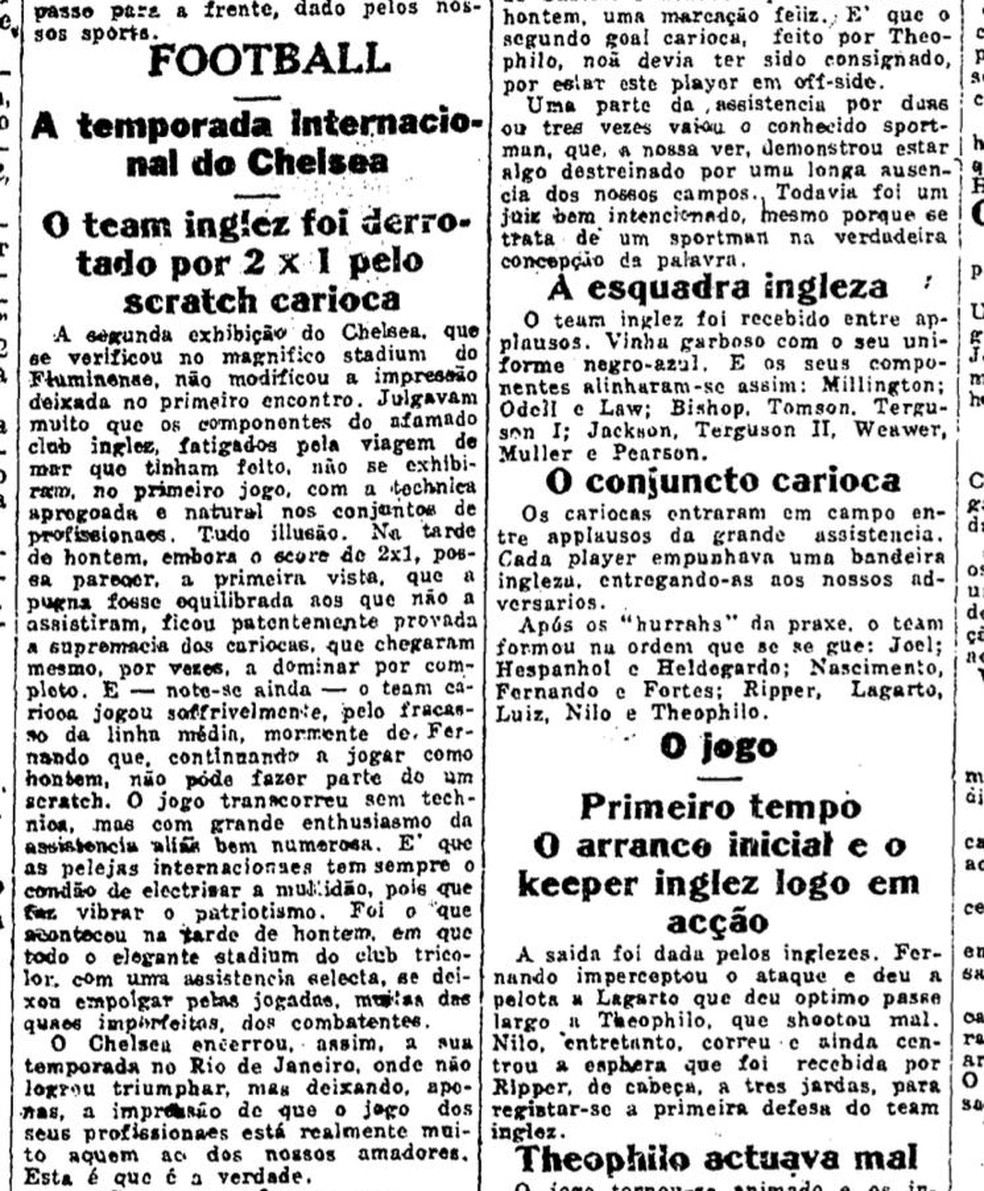 Crônica do GLOBO sobre o jogo do Chelsea contra a seleção carioca, em 1929 — Foto: Acervo O Globo