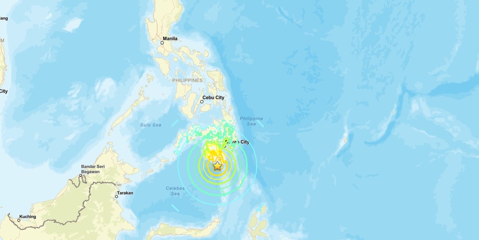 Terremoto de magnitude 7,8 atinge a costa sul das Filipinas — Foto: Captura de tela/USGS