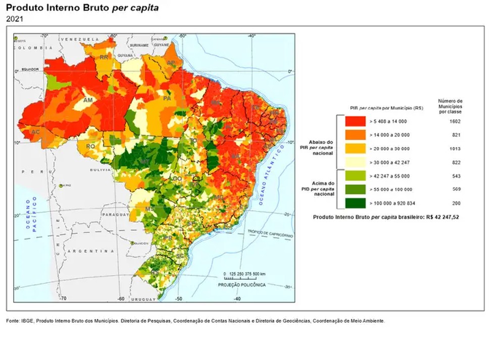 Mapa mostra Produto Interno Bruto per capita do Brasil — Foto: Reprodução