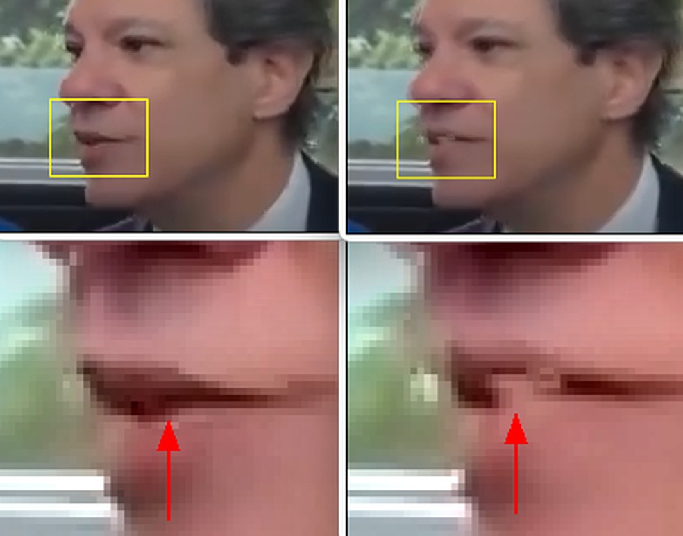 Em vídeos falsos, lábios ainda ficam distorcidos — Foto: Reprodução/Redes sociais/Edição de Tiago Freire