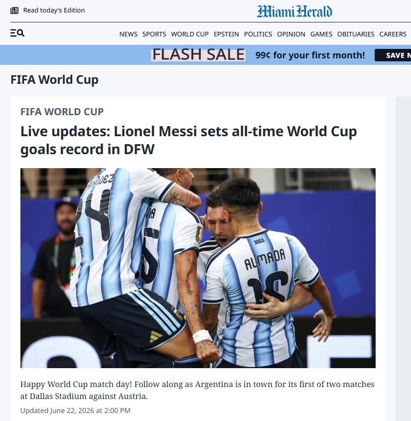 Miami Herald, periódico da cidade onde Messi joga atualmente, também exaltou o recorde do craque argentino: "histórico" — Foto: Reprodução