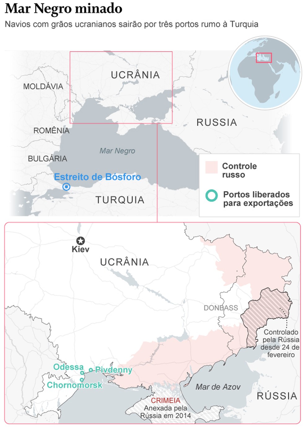 Mapa sobre acordo de grãos entre Rússia e Ucrânia — Foto: Editoria de Arte
