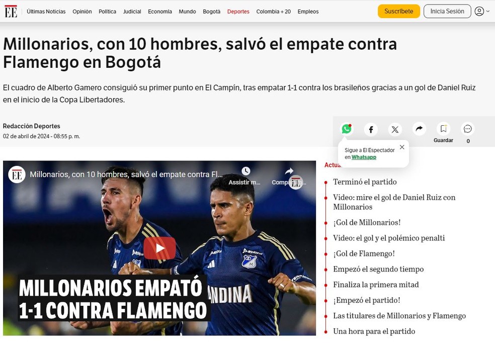 Imprensa colombiana exalta empate do Millonarios com um a menos diante ...
