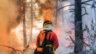 Bombeiro tenta apagar chamas em floresta em Guadalajara, 100km ao Norte de Madri — Foto: HANDOUT / UME / AFP