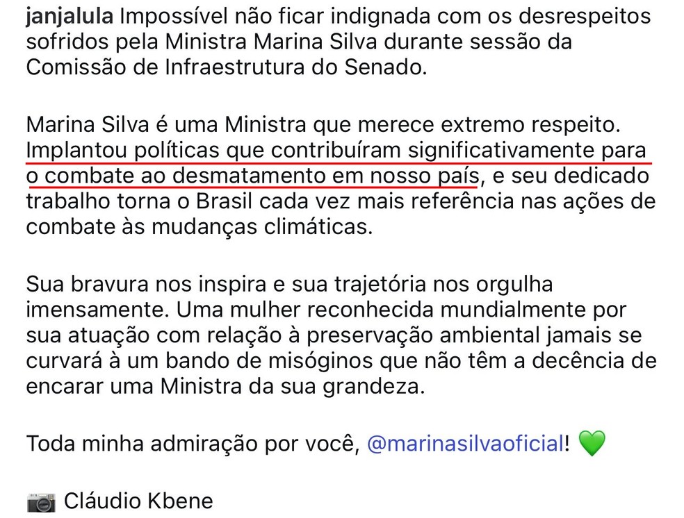 Mensagem de Janja sobre Marina corrigida após reclamações (em destaque) — Foto: Reprodução/Instagram