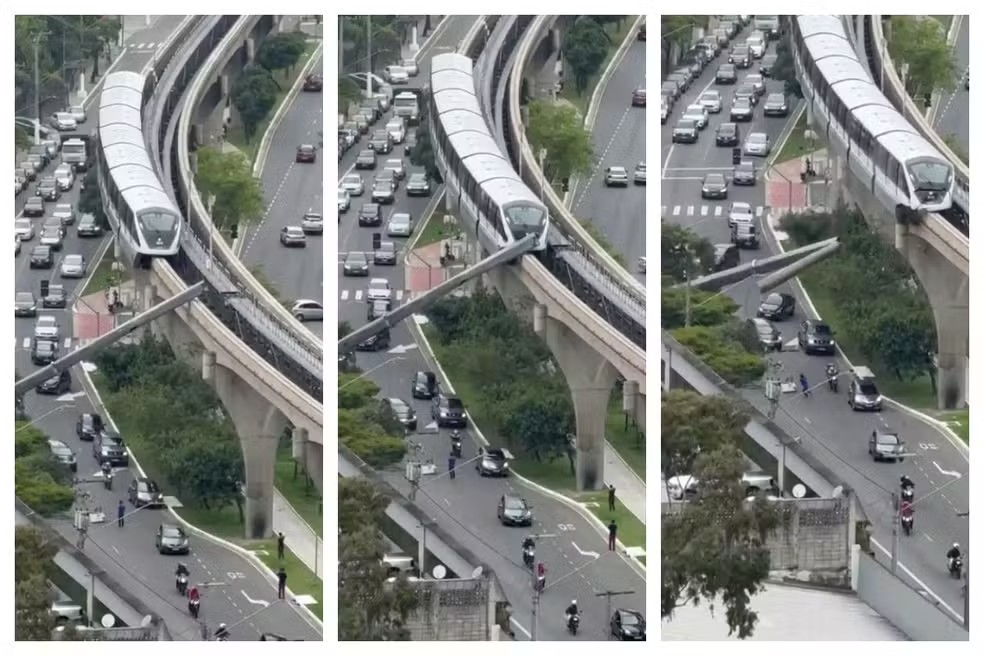 Guindaste cai sobre linha do monotrilho em SP e operador fica ferido; veja vídeo
