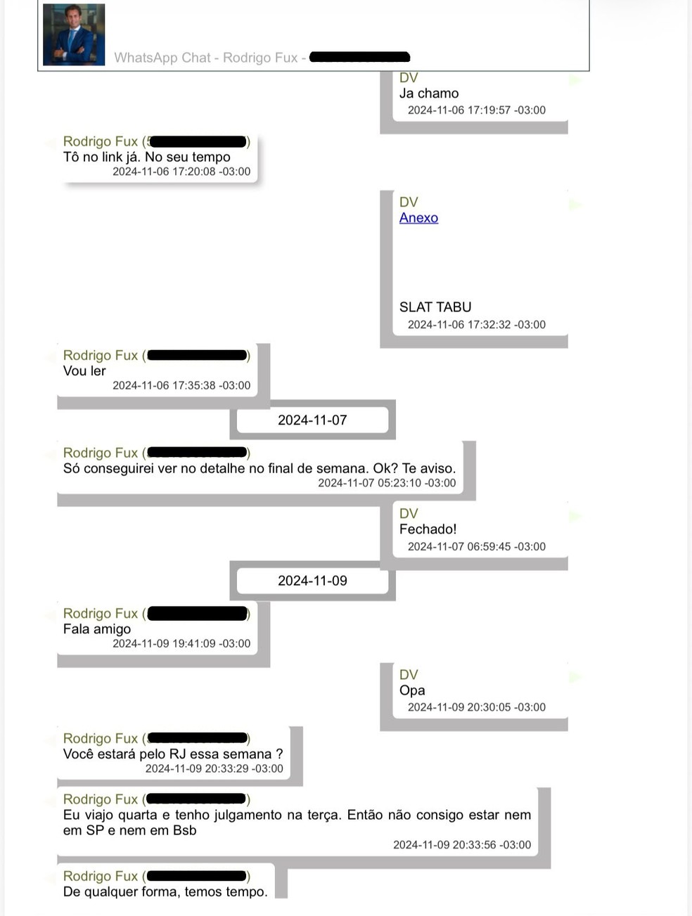 Mensagem entre Rodrigo Fux e Vorcaro apreendidas pela PF — Foto: Reprodução
