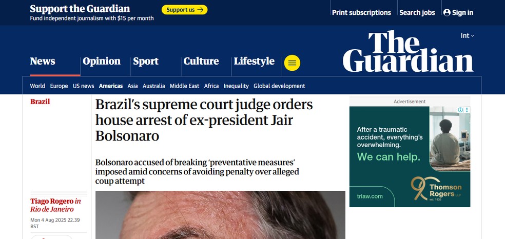 O jornal britânico repercutiu a prisão domiciliar de Bolsonaro — Foto: Reprodução