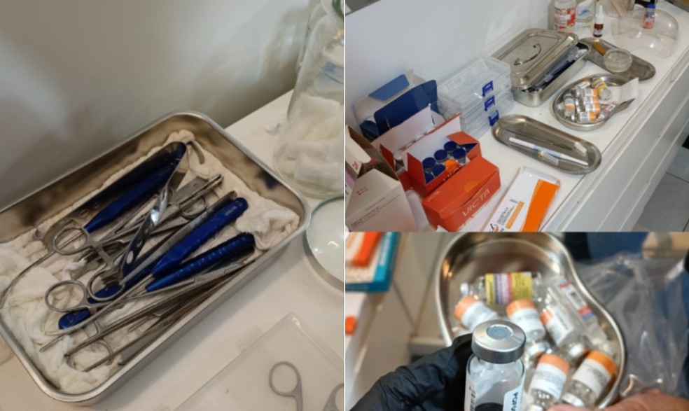 Polícia Civil encontrou medicamentos vencidos, produtos hospitalares, aparato cirúrgico, receituários em branco e substâncias sem registro na Anvisa no estabelecimento — Foto: Divulgação/ Polícia Civil de Goiás