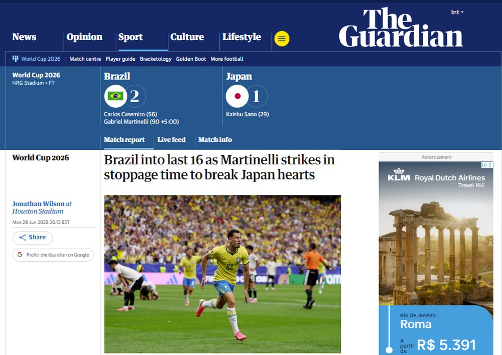 The Guardian also highlighted Gabriel Martinelli and his game-winning goal: 'in stoppage time' — Photo: Reproduction