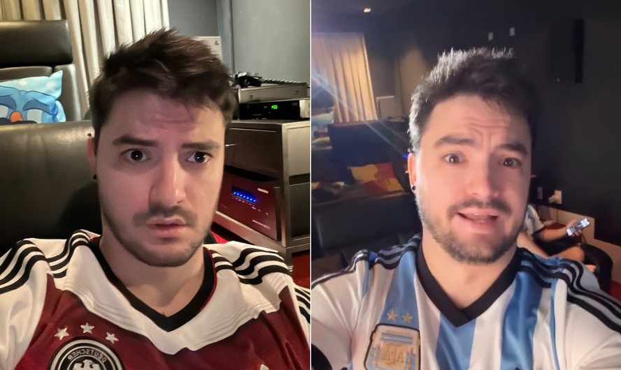 Felipe Neto com as camisas de Alemanha e Argentina