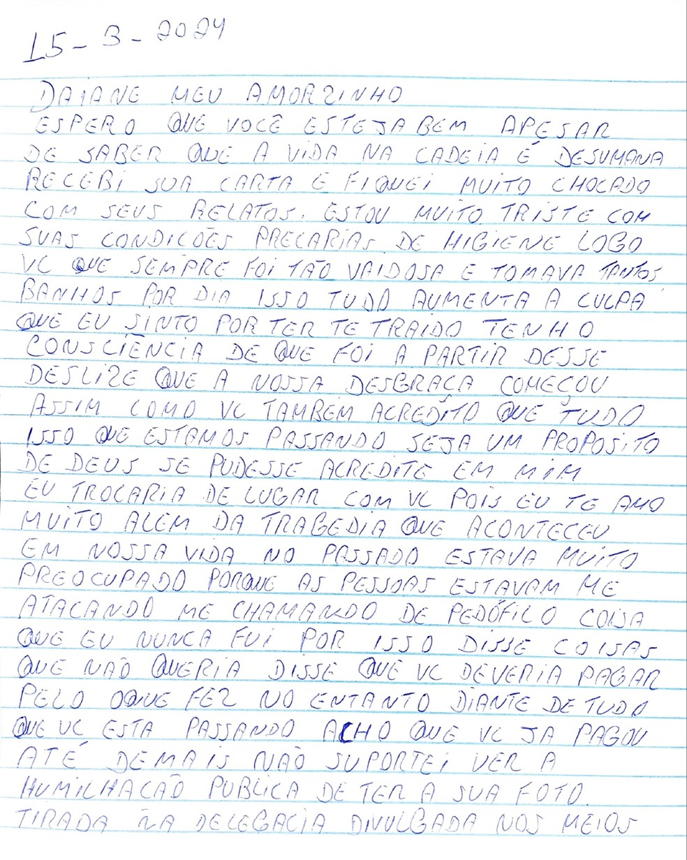 Trecho da carta de Gilberto para daiane — Foto: Reprodução