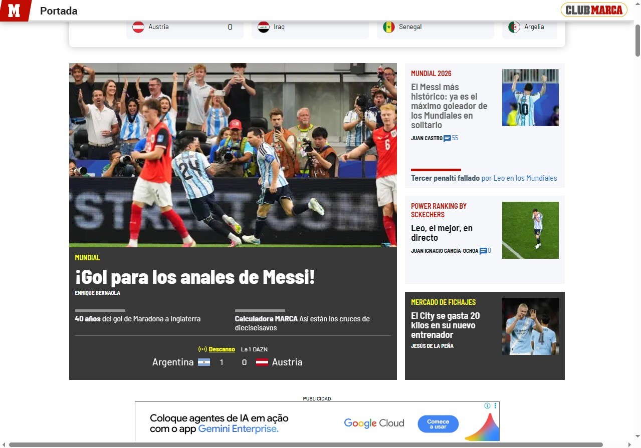 Jornal Marca, da Espanha, diz que o gol de Messi fica para os anais da história: "gol para los anales de Messi" — Foto: Reprodução