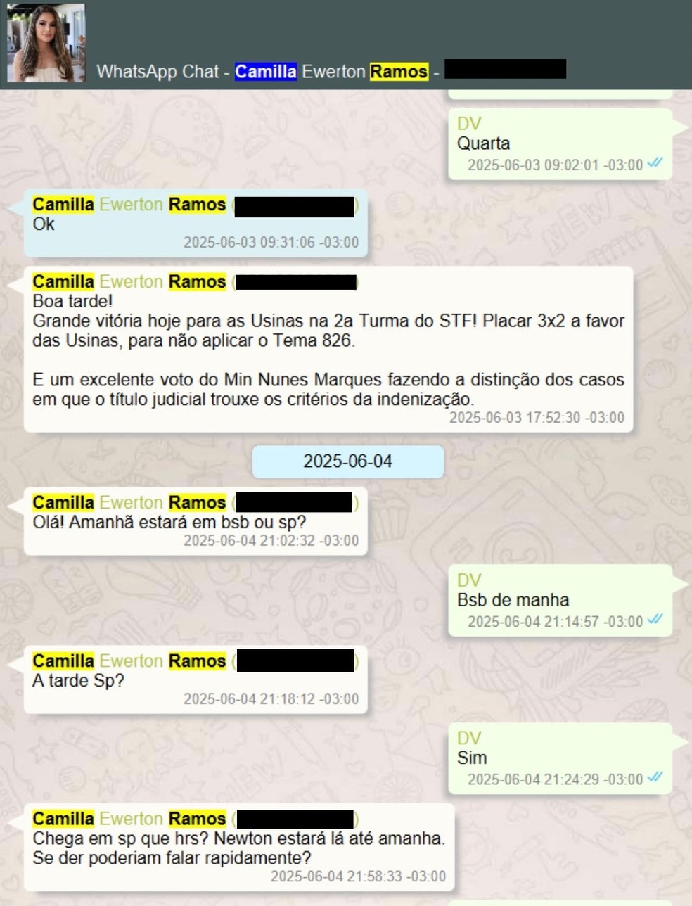Advogada Camilla Ramos coversa com Vorcaro sobre julgamento no STF — Foto: Reprodução