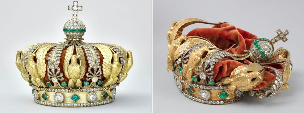 Coroa da imperatriz Eugenia antes e depois do assalto ao Louvre, em outubro de 2025 — Foto: Divulgação/Museu do Louvre/AFP