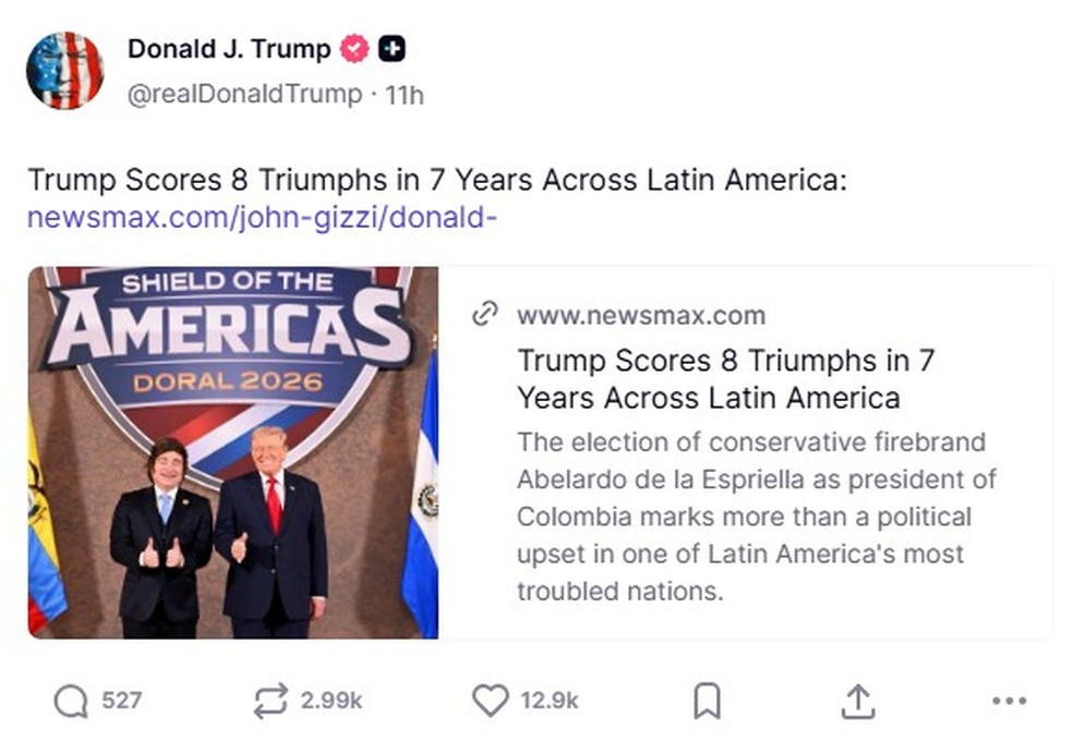Postagem de Trump na rede Truth Social — Foto: Reprodução