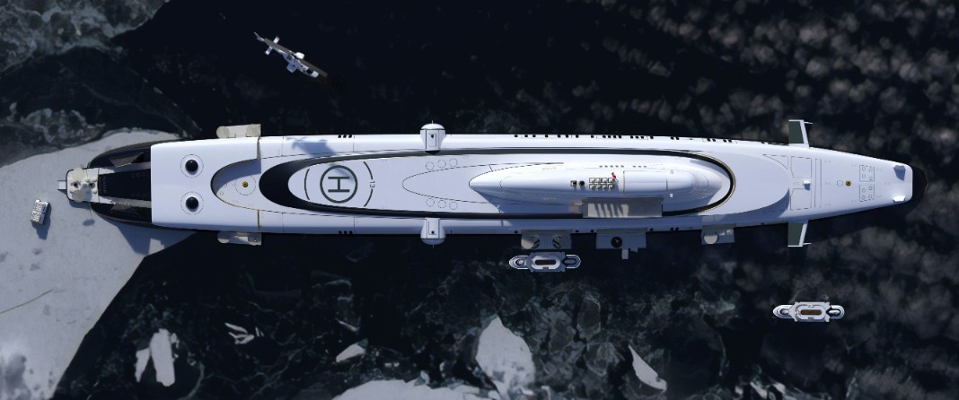 Visão de cima de iate-submarino M5, que dispõe de heliponto — Foto: Migaloo