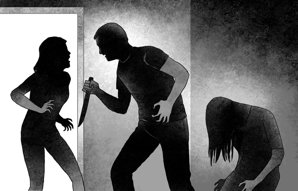 Ao perceber a movimentação, a filha mais velha, identificada como Miliane, de 19 anos, sai do quarto e tenta defender a mãe — Foto: Editoria de Arte / O Globo