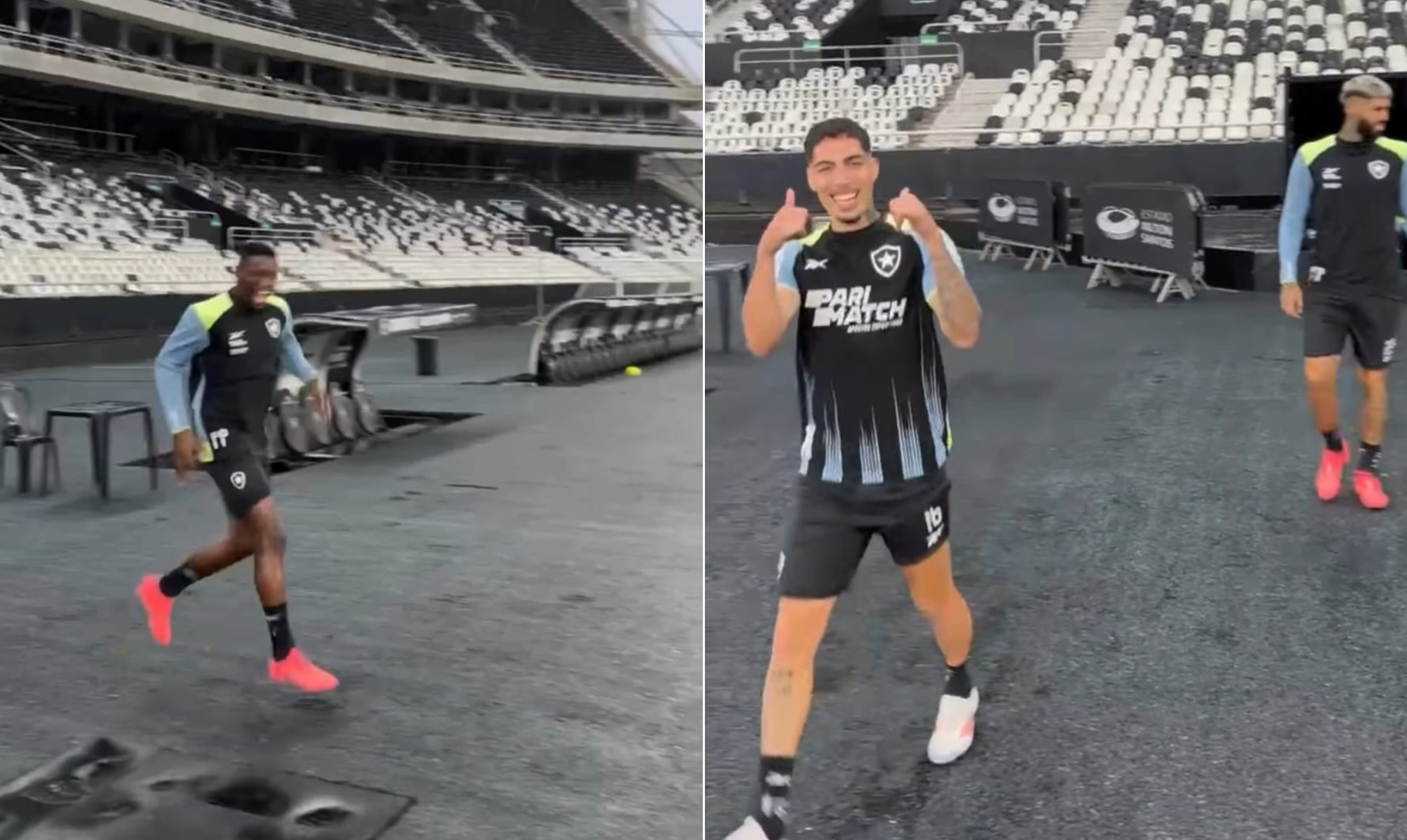 Em grande fase, jogadores do Botafogo mostram empolgação até em treino debaixo d'água: 'Que chuvinha gostosa'