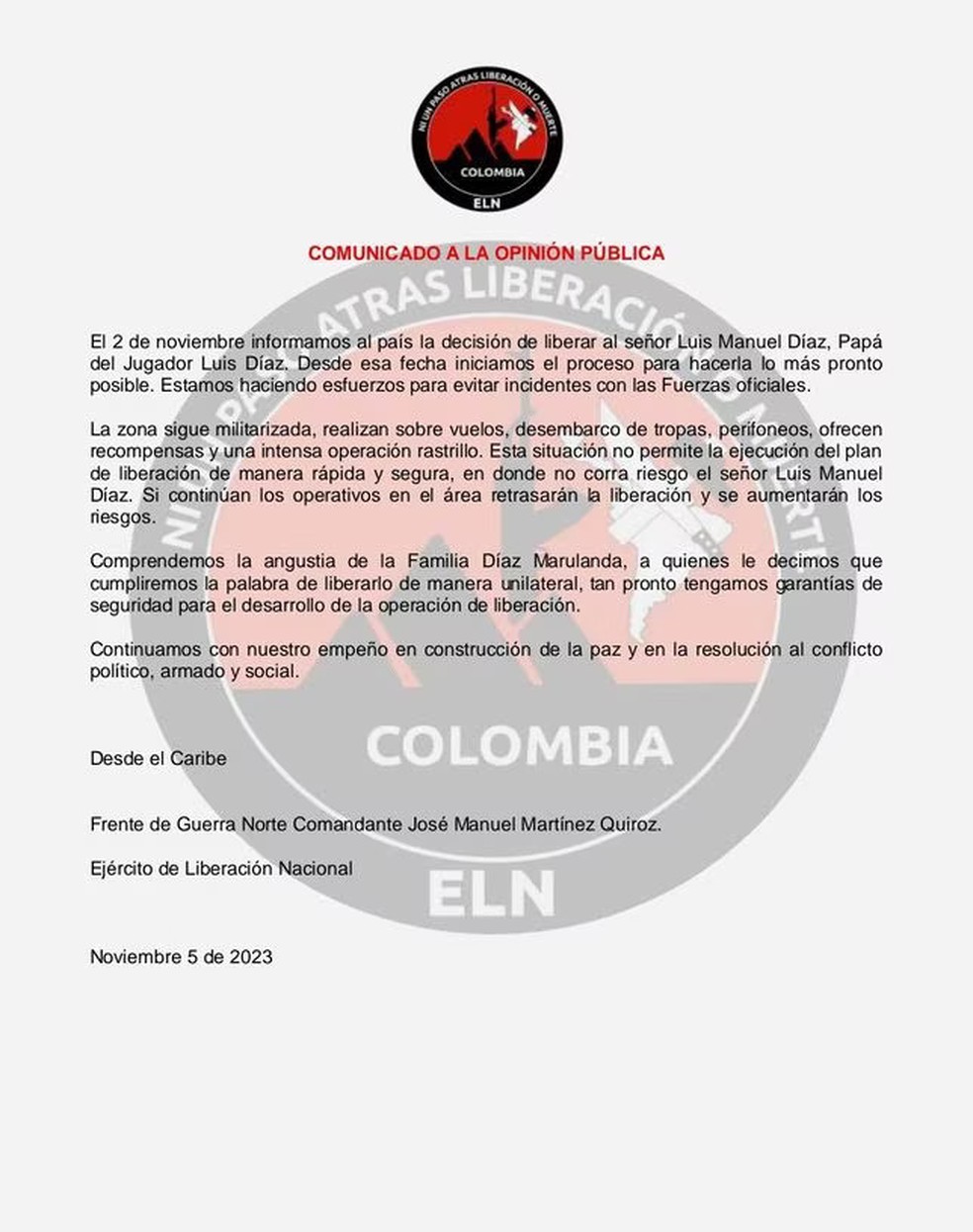 Comunicado da ELN sobre o sequestro do pai de Luis Diáz — Foto: Reprodução