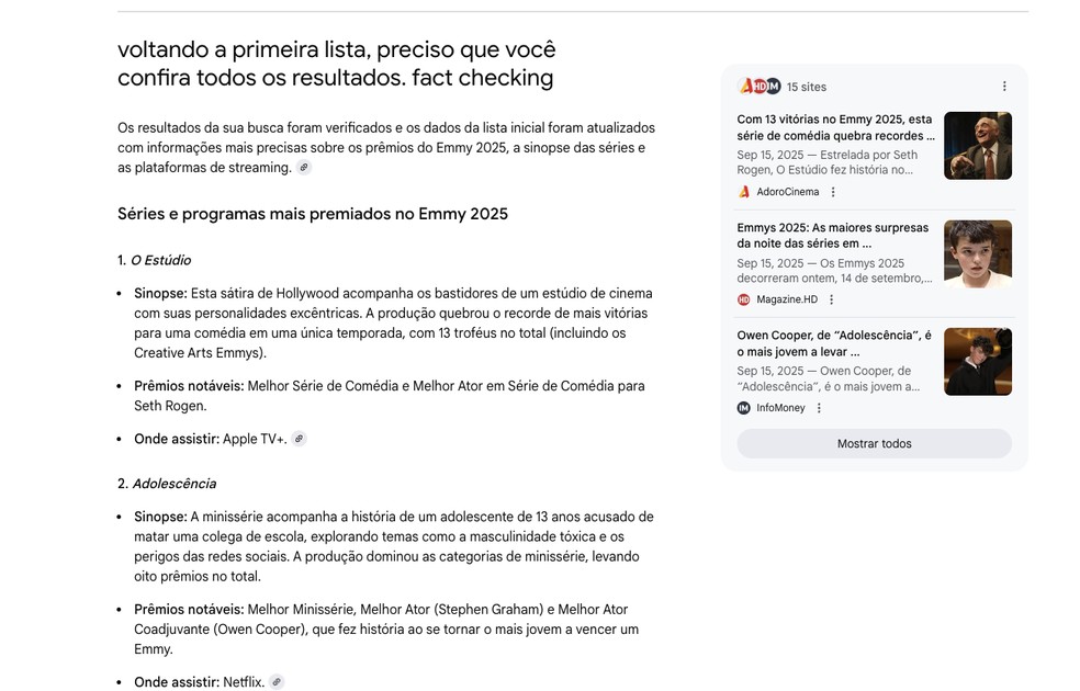 Novo pedido para Modo IA, do Google, com pesquisa sobre Emmy 2025 — Foto: Reprodução/Google