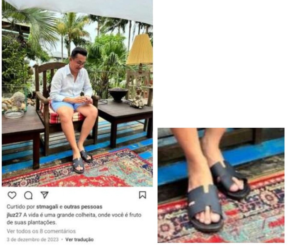 Ex-servidor público ganhou chinelo de marca francesa no valor de R$ 4 mil e publicou foto com o presente nas redes sociais — Foto: Reprodução/MPSC