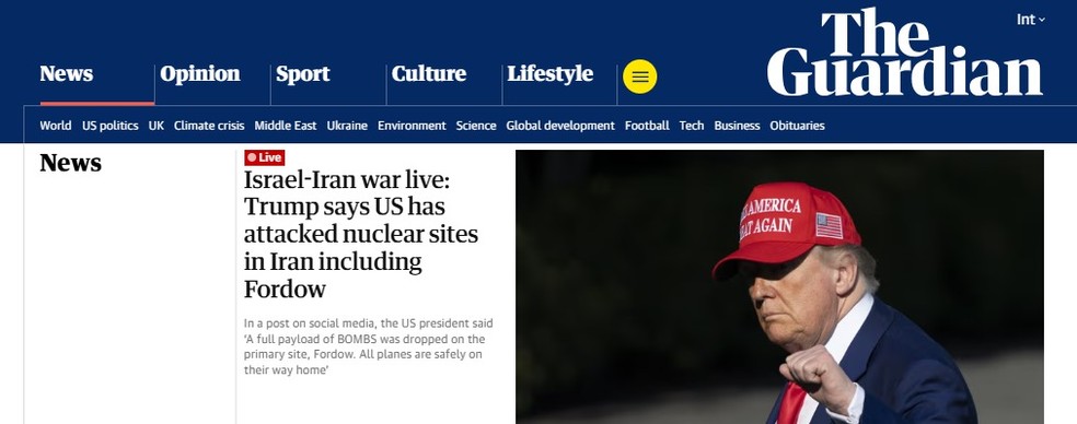 O jornal britânico The Guardian destaca que se trata de um esforço junto a Israel com o objetivo de'destruir o programa nuclear do país' — Foto: Reprodução