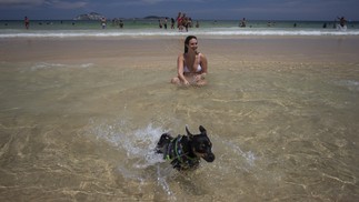 Cachorro brinca em lagomar com tutora na praia do Leblon — Foto: Márcia Foletto/Agência O Globo