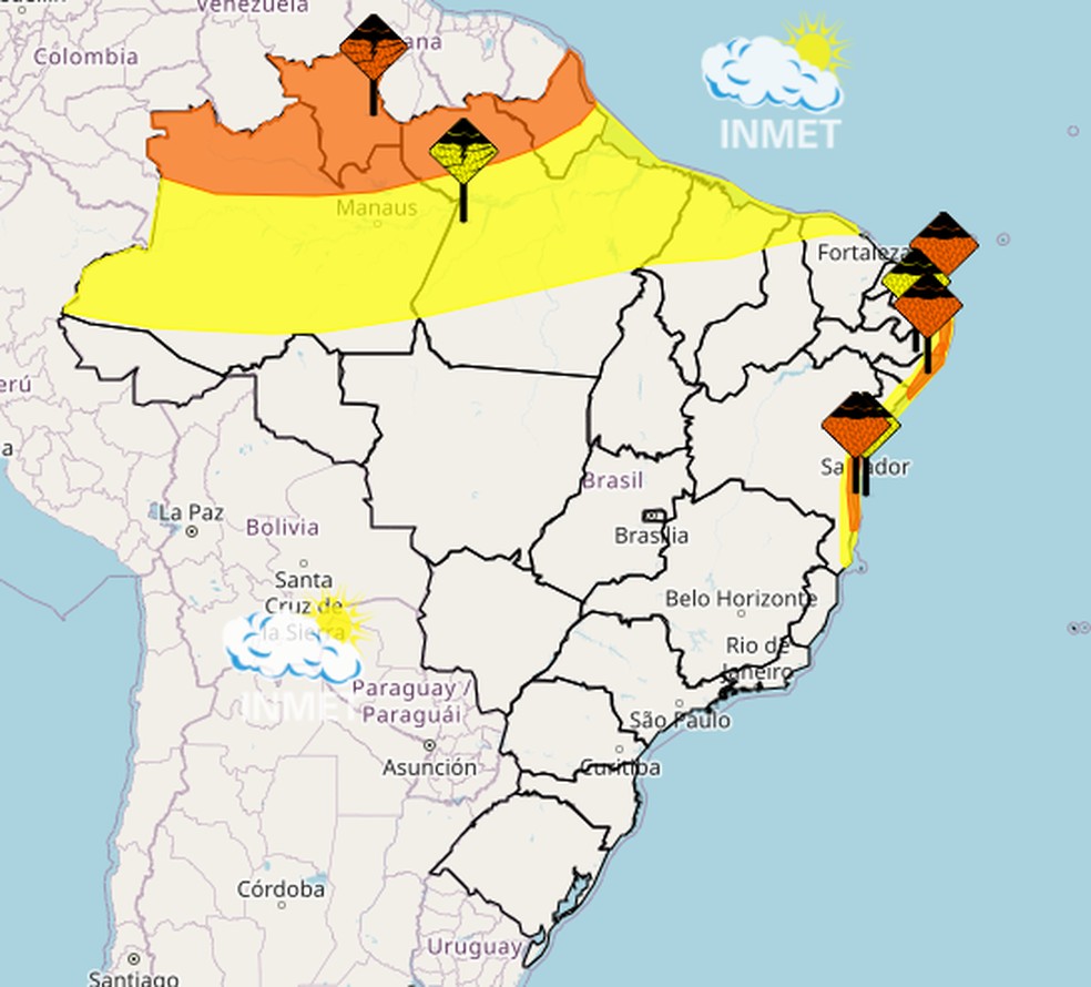 Alertas do Inmet para este sábado — Foto: Inmet