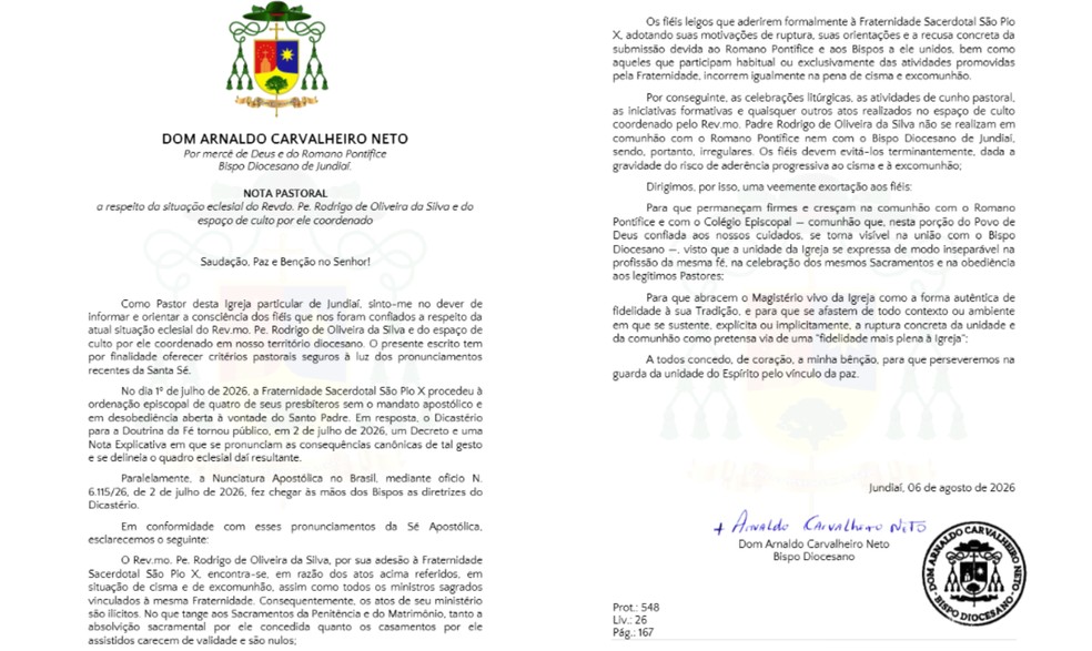 Nota pastoral da Diocese de Jundiaí, no interior de São Paulo, anunciou a excomunhão do padre Rodrigo de Oliveira Silva — Foto: Reproduçã/Diocese de Jundiaí