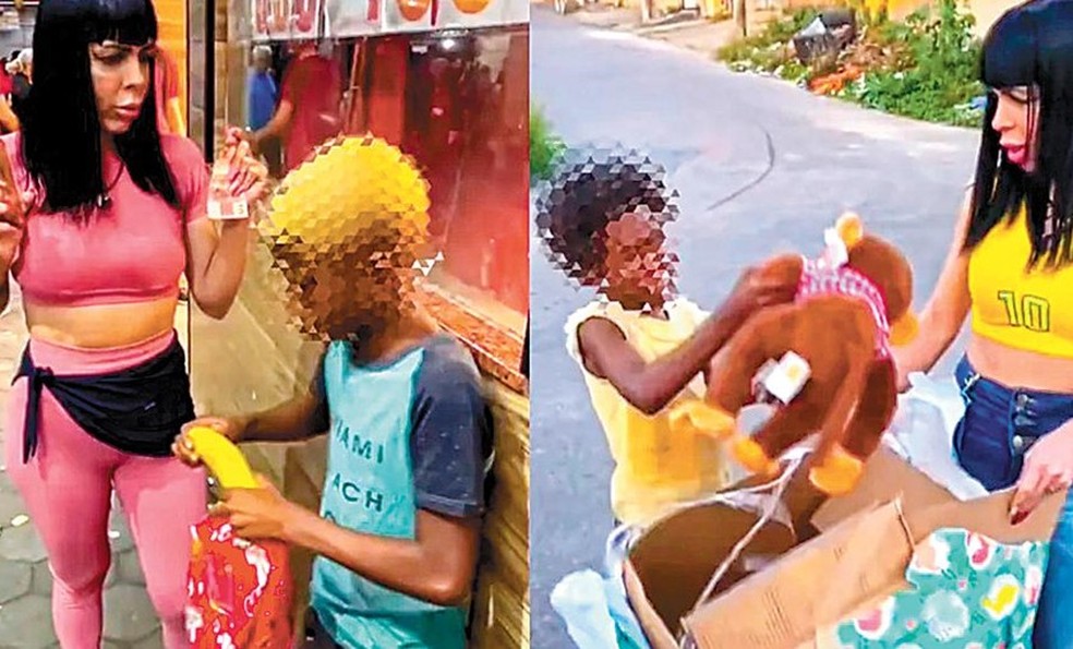 Crime. Kérollen e Nancy gravaram vídeo entregando uma banana e um macaco de pelúcia para crianças negras — Foto: Reprodução