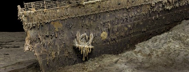 Destroços do Titanic em 3D sem a água do mar em sua volta ajudam os cientistas a entender melhor o acidente e quanto tempo a tragédia marítima mais famosa do mundo vai estar visível no fundo do mar.  — Foto: Atlantic Productions / Magellan