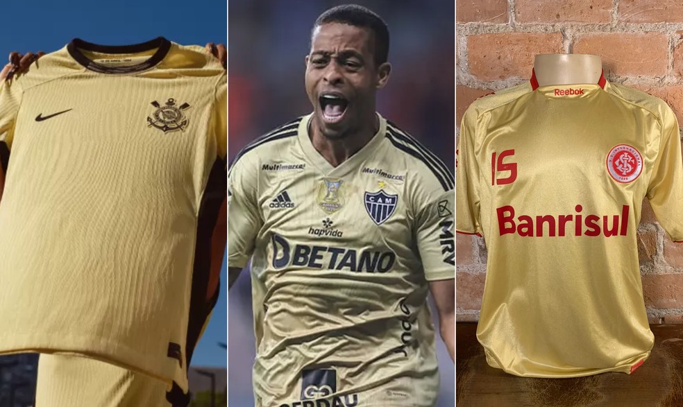 Corinthians, Atlético-MG e Internacional já tiveram camisas douradas — Foto: Divulgação/Nike, Pedro Souza/Atlético-MG e Reprodução