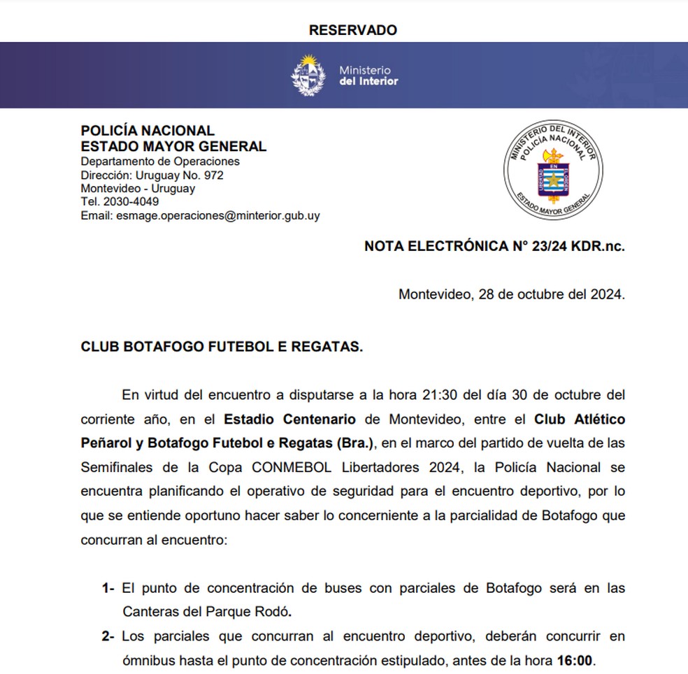 Aviso enviado pelo Ministério do Interior em relação ao ponto de encontro para a torcida do Botafogo — Foto: Reprodução