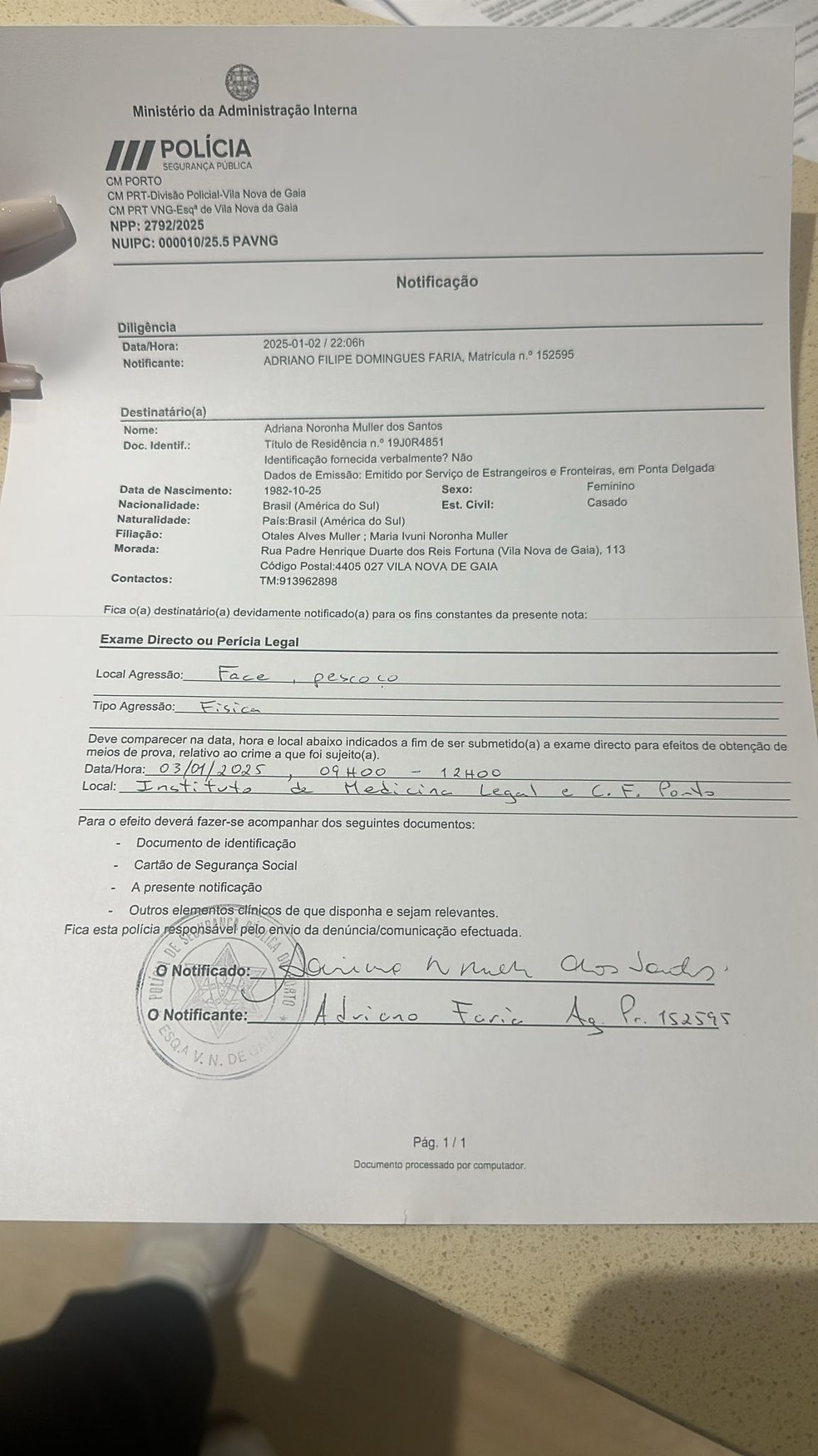 Boletim de Ocorrência registrado pela Adriana — Foto: Reprodução