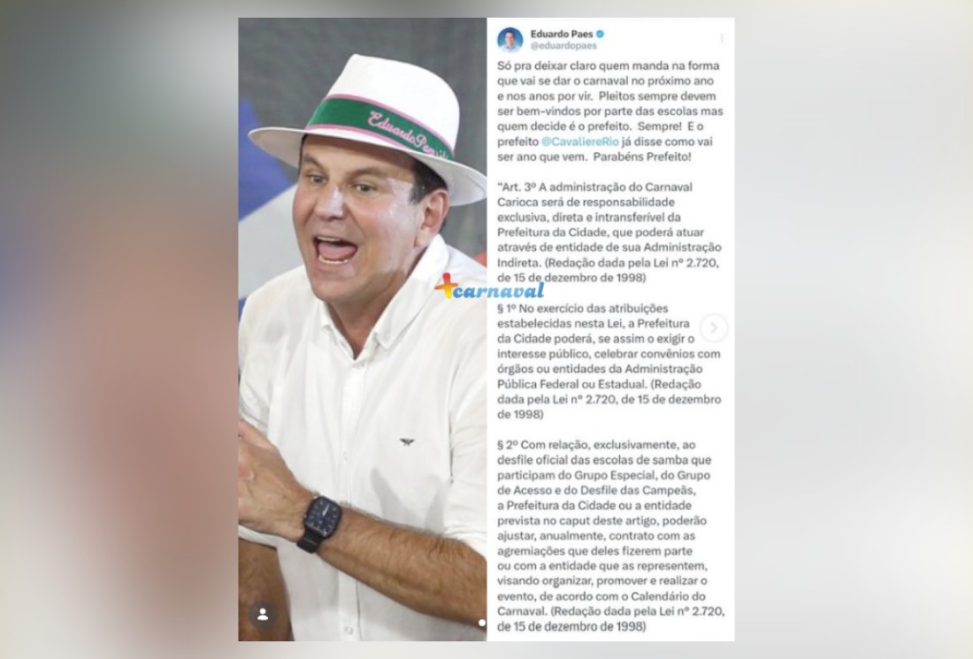'Quem decide é o prefeito': Em post apagado, Paes desafia Liesa sobre carnaval e defende ampliação do Grupo Especial para 2027
