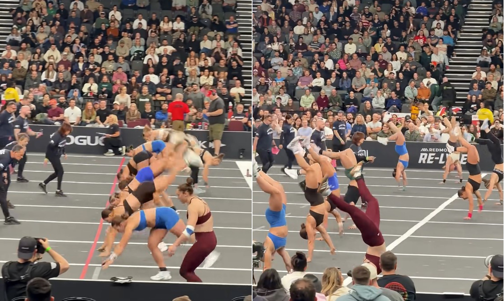 Atletas de crossfit fazem corrida de parada de mão e surpreendem torcedores; vídeo