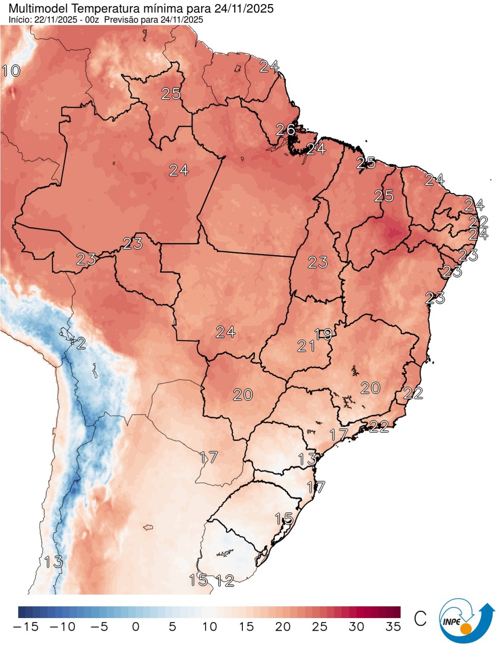 Mapa do Inpe mostra temperaturas mínimas para a segunda-feira — Foto: Divulgação | Inpe