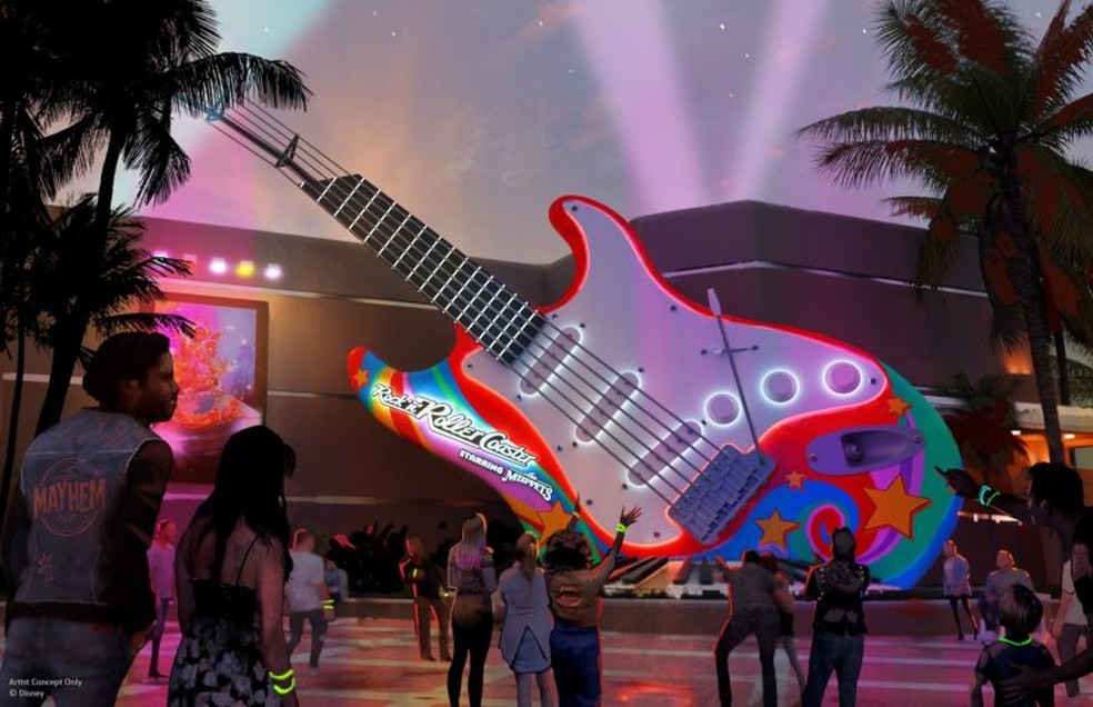 Arte conceitual mostra como ficará a guitarra gigante na entrada da nova versão da Rock'n'Roller Coaster Starring The Muppets: montanha-russa do parque Hollywood Studios, do Walt Disney World, na Flórida, reabrirá com nova temática em 26 de maio de 2026 — Foto: Divulgação