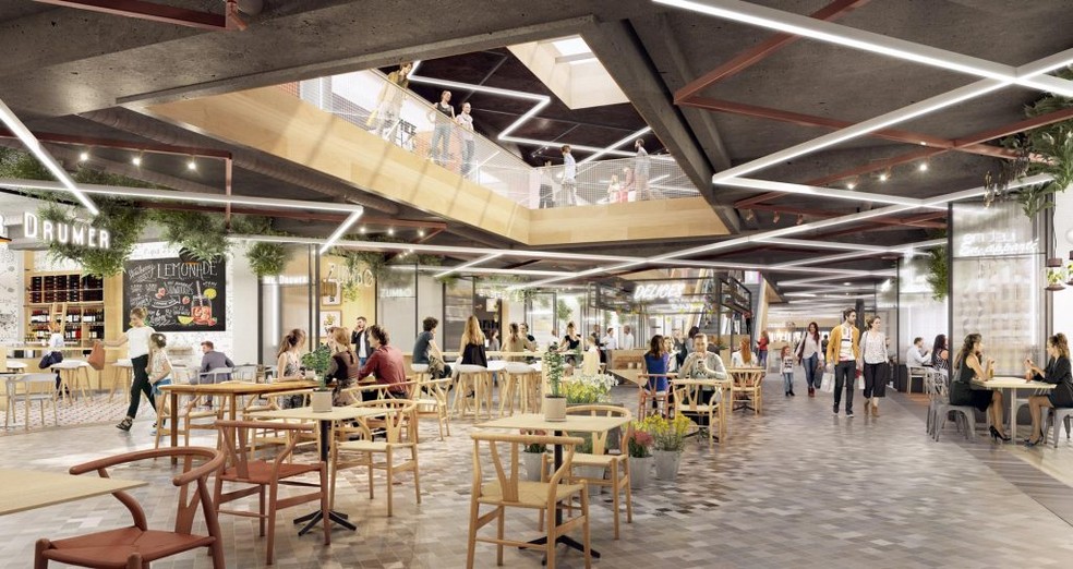 Arte mostra como será o interior do Food Society, complexo gastronômico que está sendo construído em Paris  — Foto: Reprodução