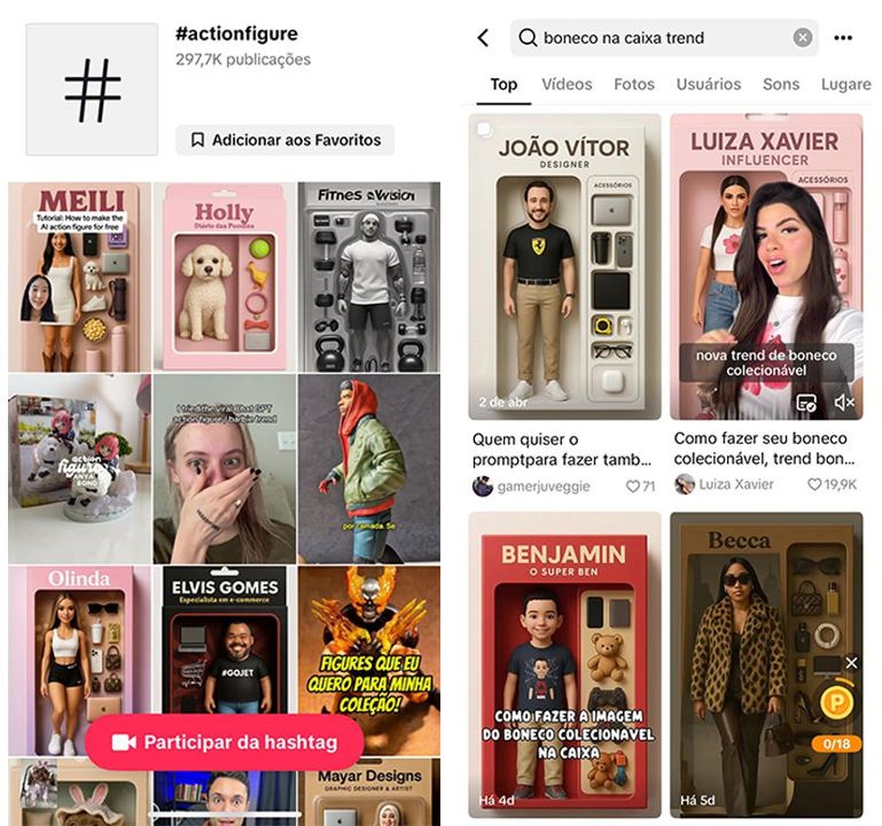 No TikTok, a hashtag #actionfigure tem mais de 297 mil publicações. Usuários também buscam por'boneco na caixa trend' — Foto: Reprodução/TikTok