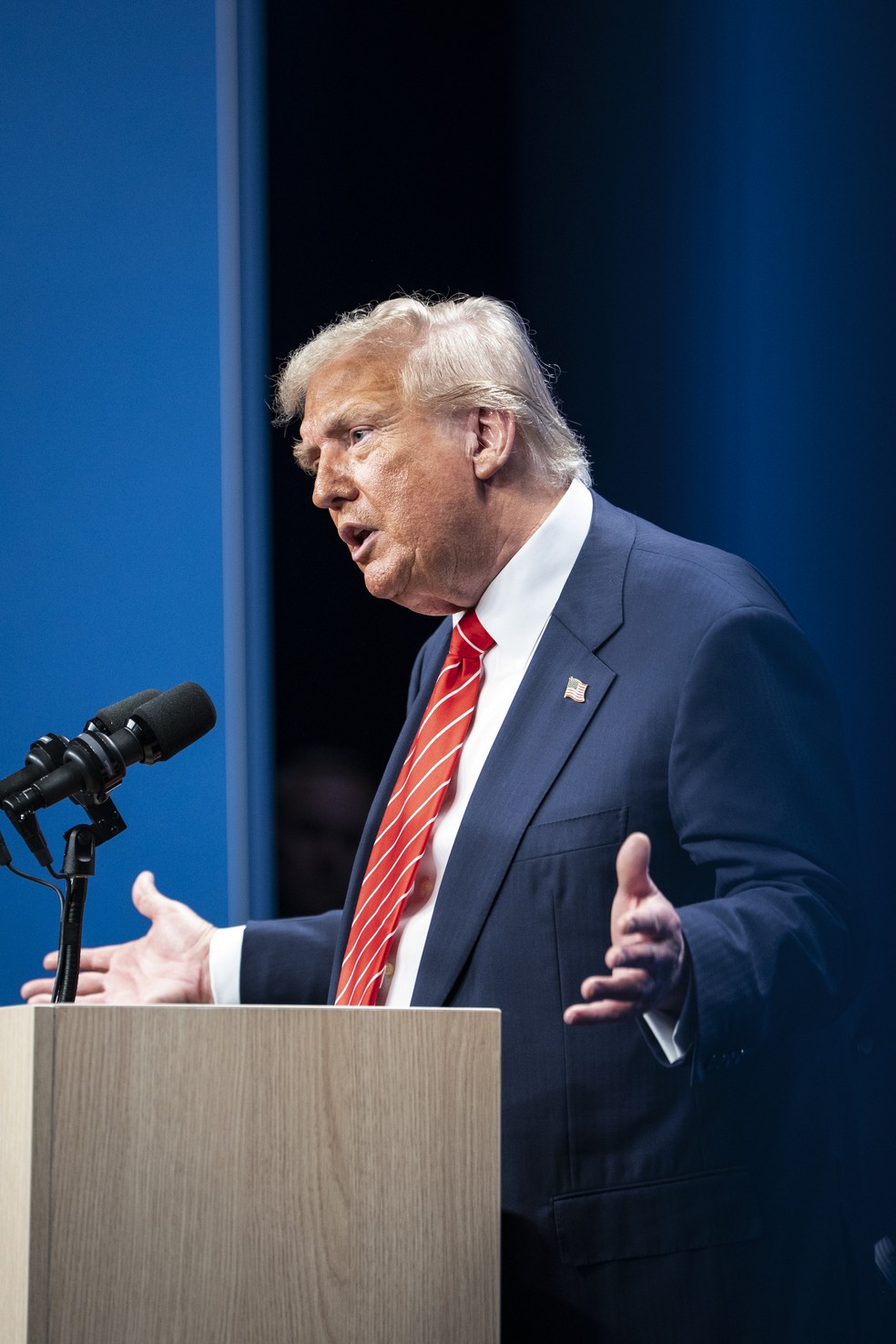 O presidente dos EUA, Donald Trump, durante coletiva de imprensa na Cúpula da OTAN de 2025, em Haia, na Holanda, em 25 de junho de 2025 — Foto: Haiyun Jiang/The New York Times