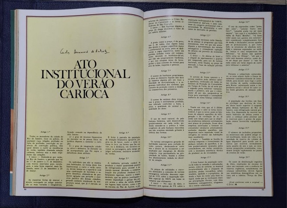 Cr�nica de Carlos Drummond de Andrade publicada na revista Status de janeiro de 1978 - Foto: Divulga��o/ Luis Pedro Piu