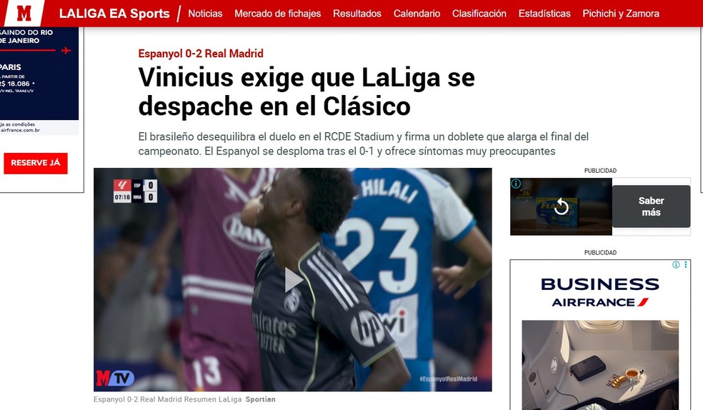 Para o Jornal Marca, Vin&iacute;cius J&uacute;nior atrasou a defini&ccedil;&atilde;o de t&iacute;tulo da La Liga para o cl&aacute;ssico de domingo, contra o Barcelona &mdash; Foto: Reprodu&ccedil;&atilde;o