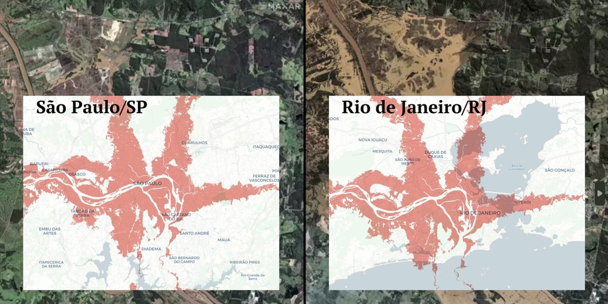 Projeção mostra a mancha de inundação do RS sobre as 10 maiores capitais do Brasil