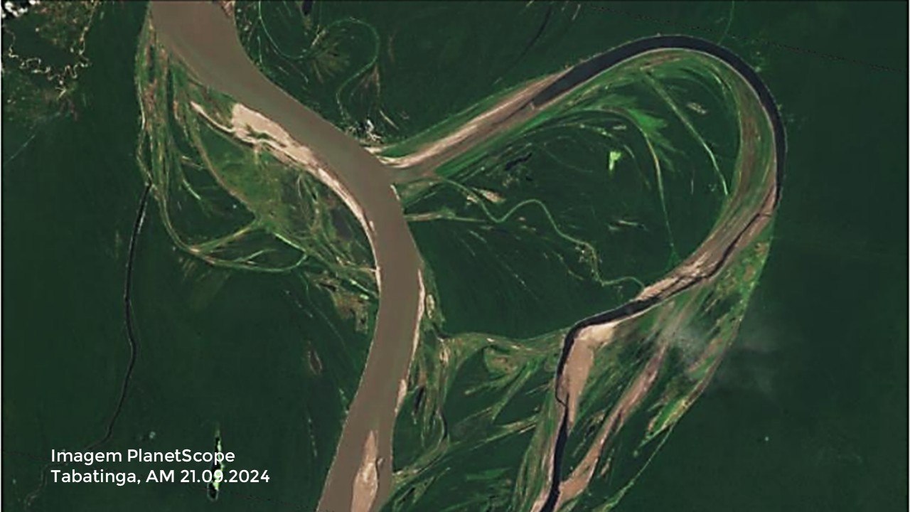 A seca foi histórica no rio Solimões: o nível chegou a -94 cm em Tabatinga, no Amazonas - Imagem: SCCON / PlanetScope