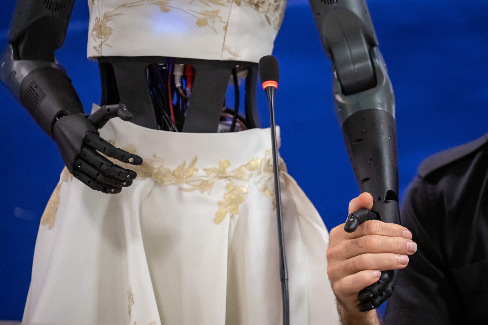 "Que tensão neste silêncio!", disse um dos robôs antes do início da coletiva de imprensa